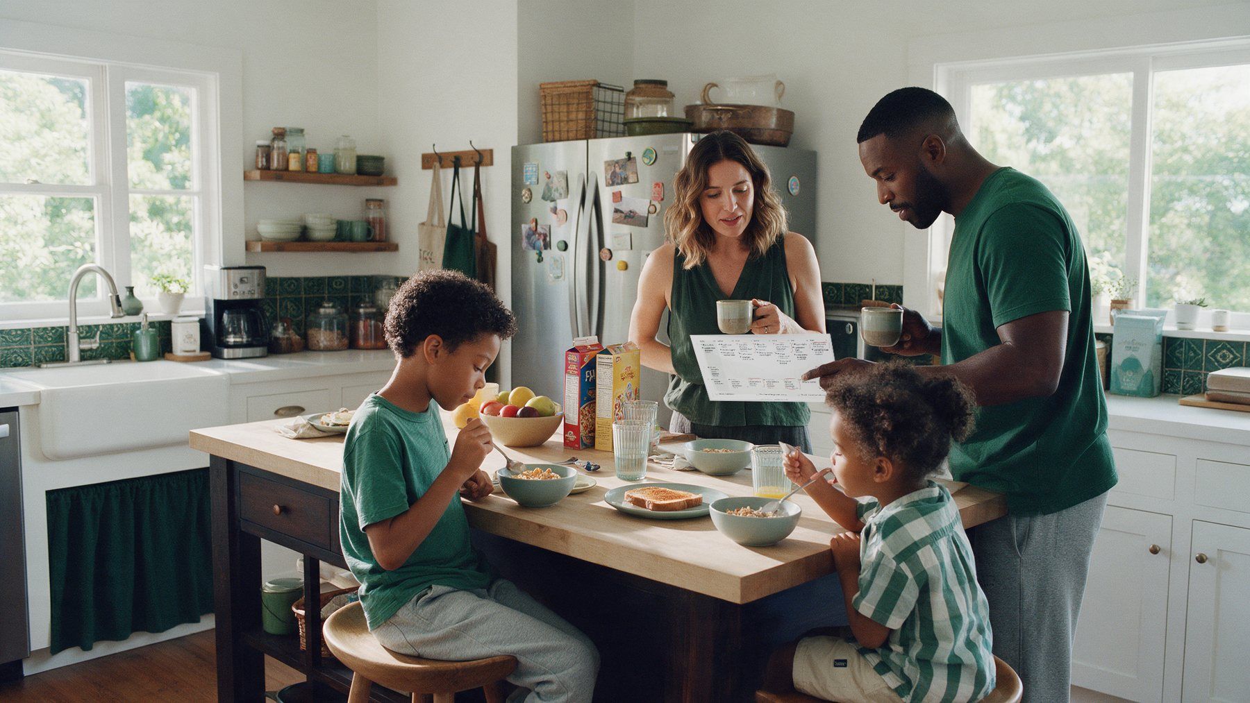 A family at breakfast in their kitchen, the parents looking over the week’s printed Fridge Club page while the kids eat